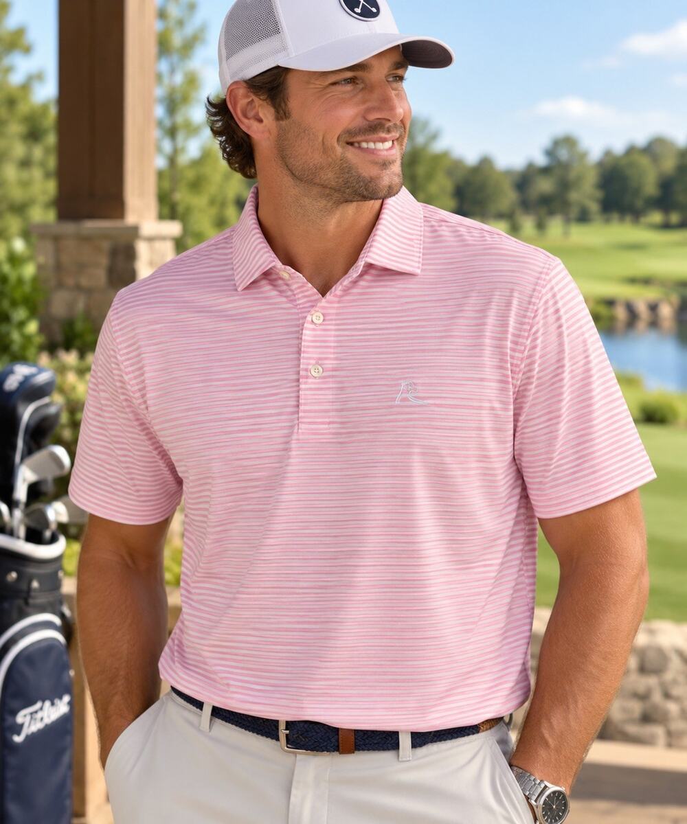 Rhoback Men’s Golf Polo Shirt Large Pink White Stripe Performance Stretch